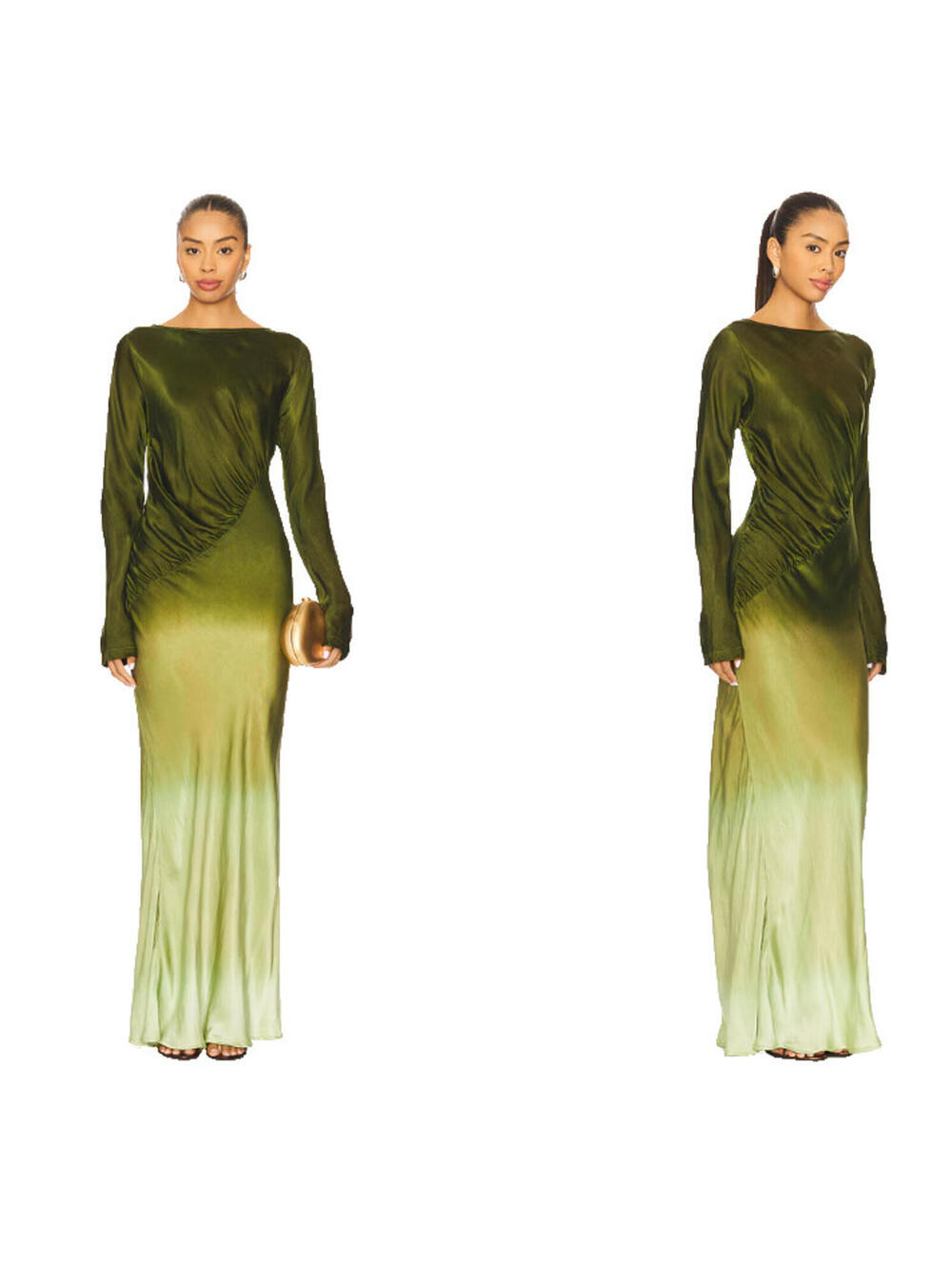 SWF Fluid Drape Maxi Dress Olive Merage Satin subtly flounced hem SZ S $368 NWT